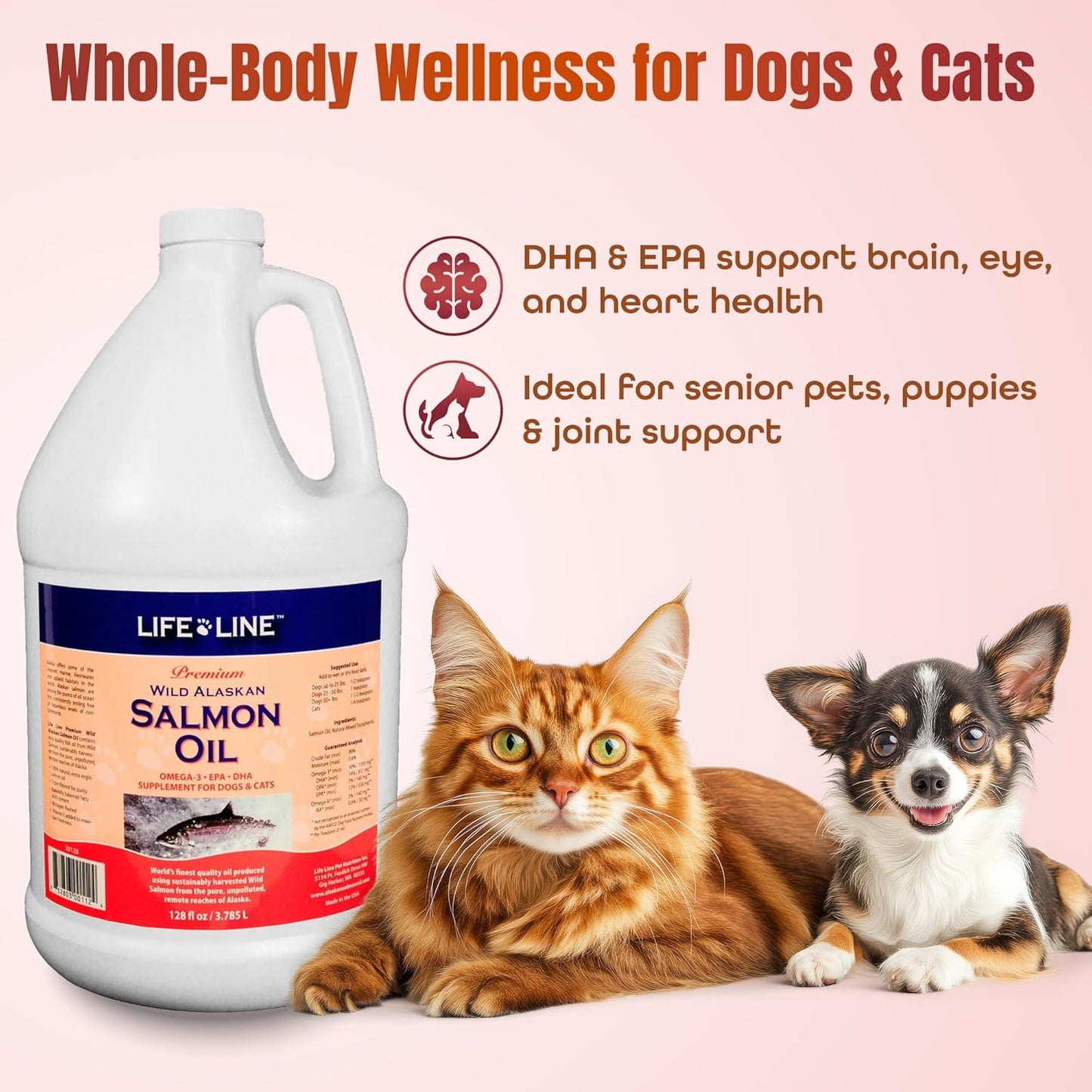 Life Line Wild Alaskan Salmon Oil for Dogs & Cats | Omega-3 Fish Oil Supplement for Skin Health, Shiny Coat & Joint Support – 128 oz