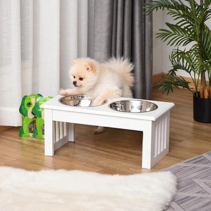 GREAZ Elevated Dog Feeding Station for Small Puppies, Stainless Steel Bowls & Modern Wooden Frame, White