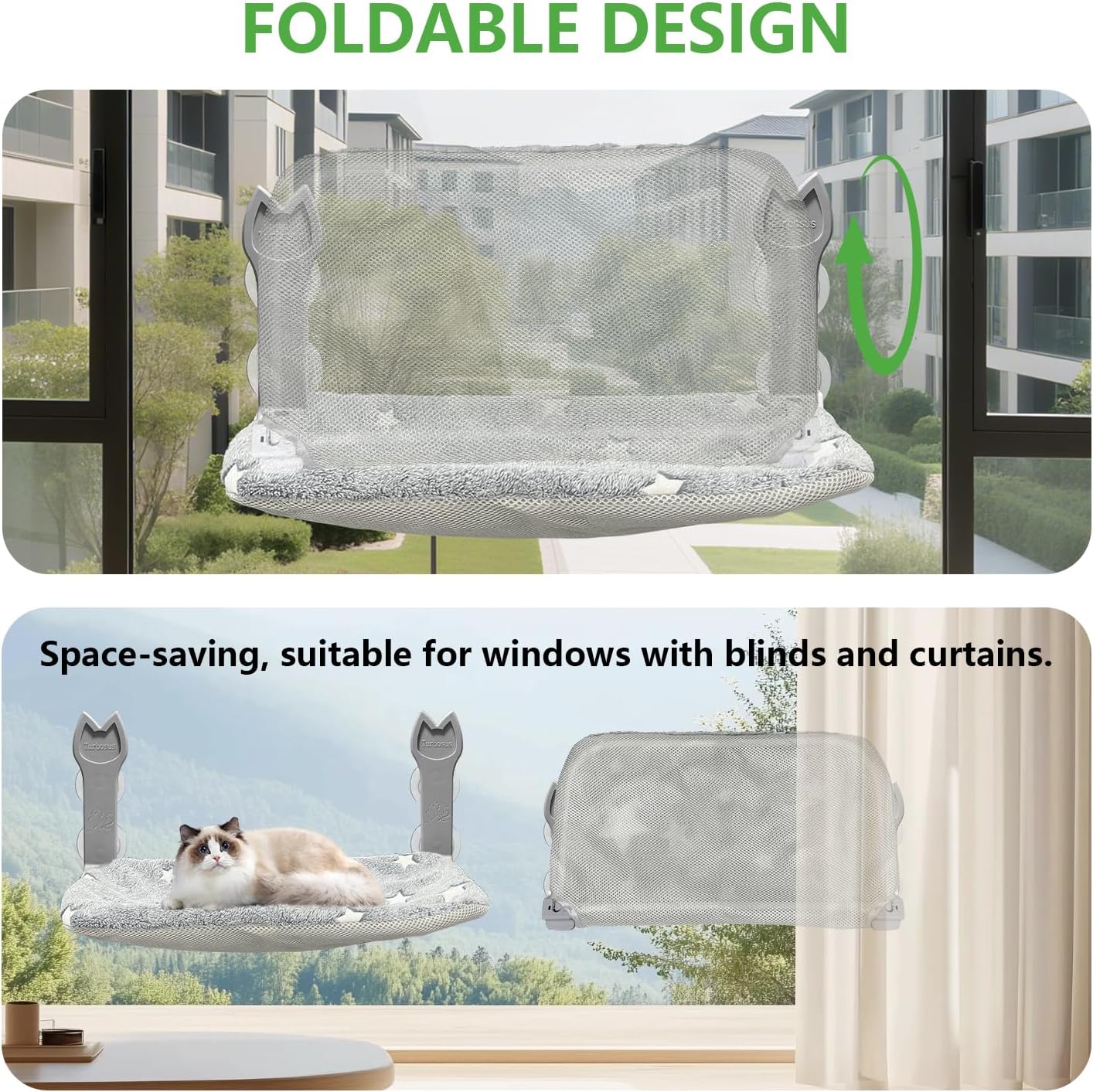 Cat Window Perch, Glow in The Dark Foldable Cat Hammock with Sunken Design & Removable Soft Cover, Breathable Cordless with Soft Edging Window Bed for Resting Indoor Kitten (Star Grey, 2 Pack)