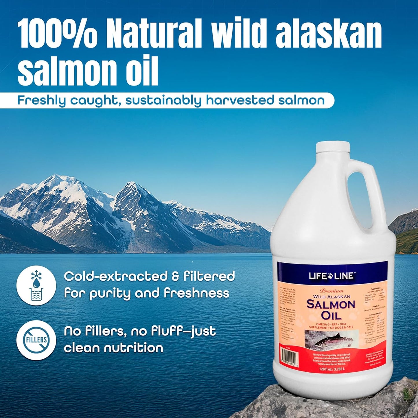 Life Line Wild Alaskan Salmon Oil for Dogs & Cats | Omega-3 Fish Oil Supplement for Skin Health, Shiny Coat & Joint Support – 128 oz