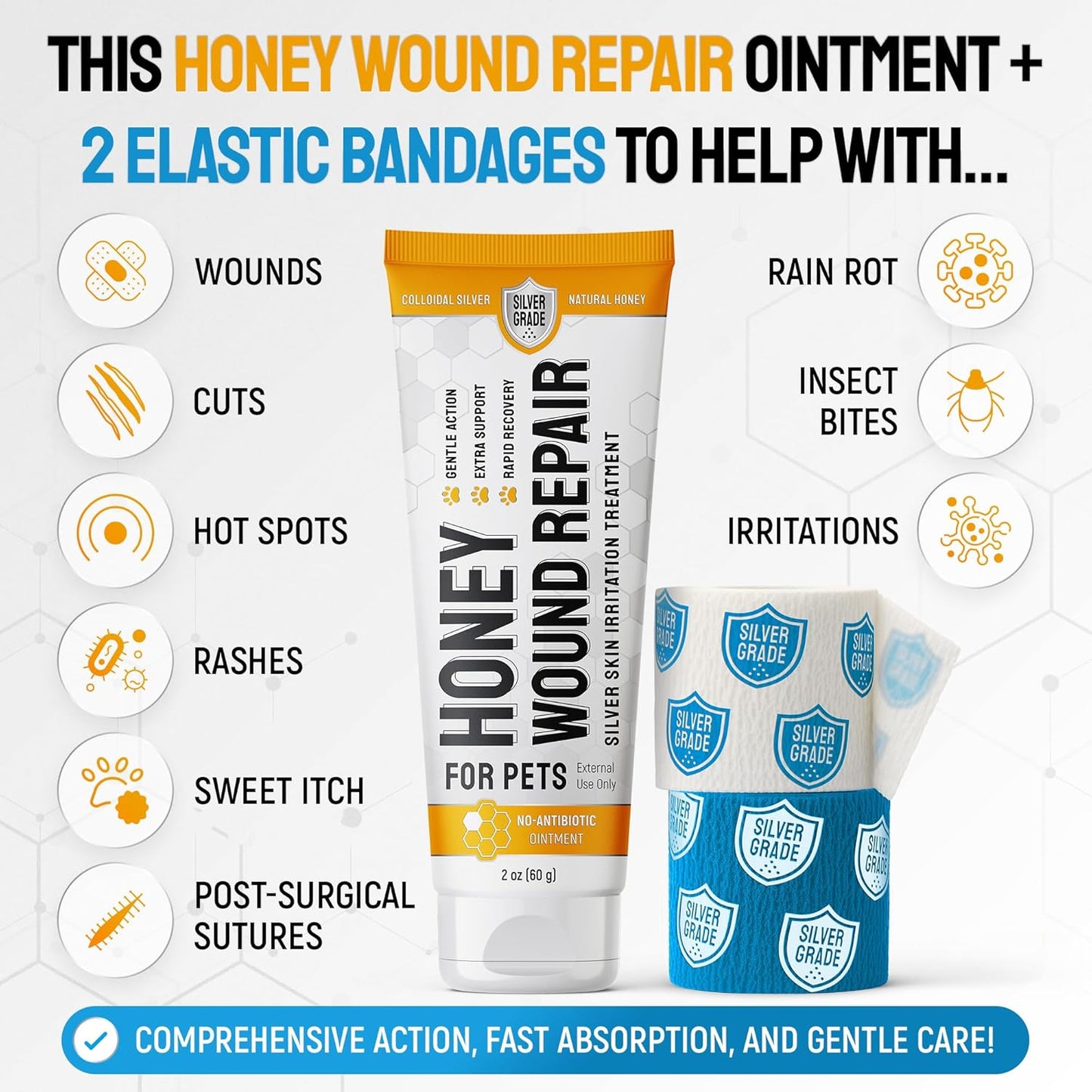 Best Hot Spot Treatment for Dogs & Horses – Dog Wound Care with Silver for Scratches, Sores, Rashes, Irritations – Honey Wound Repair Ointment in Gel Form for Horses & Cats + 2 Bandages – 2 Oz