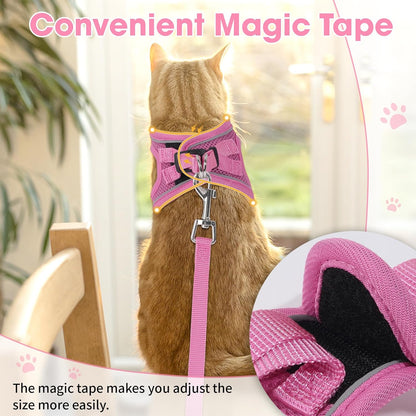Cat Harness and Leash Set for Walking Escape Proof, Soft Adjustable Kitten Harness Breathable Mesh with Reflective Strips Harness for Kitty Puppy Bunny(Pink,XS)