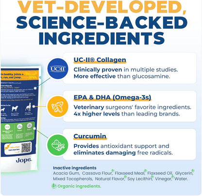 Jope Hip & Joint Supplement for Dogs Large, Medium, Small - Joint Chews w/UC-II® Collagen - Proven Better Than Glucosamine Chondroitin in Canine Health - Veterinarian Formulated, Omega 3 & Curcumin