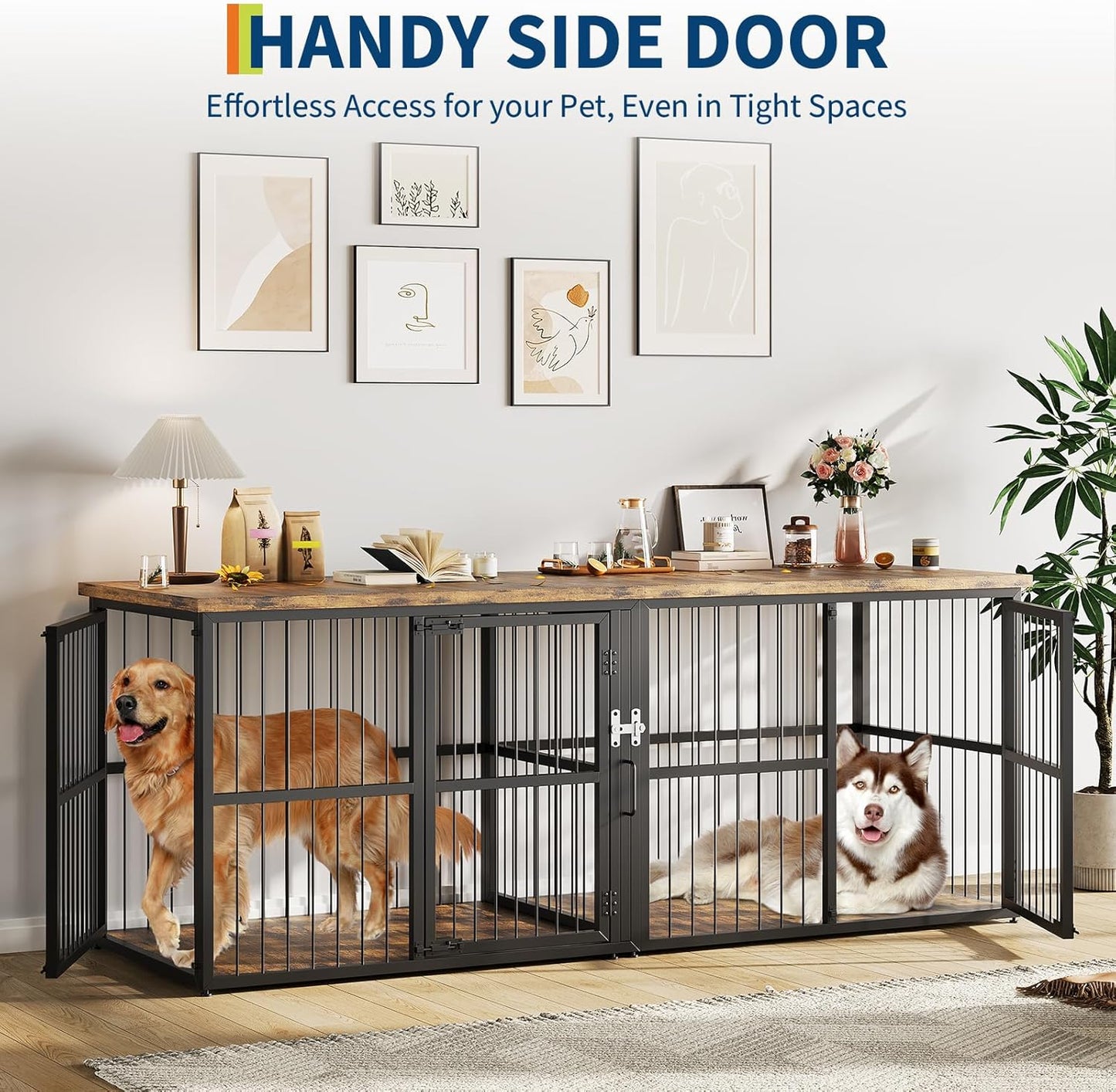 Extra Large Double Dog Crate Furniture with Divider – Heavy Duty Wooden Kennel Cage – Fits 2 Medium or Large Dogs – 3 Doors, Modern TV Stand, Indoor Pet House – Black