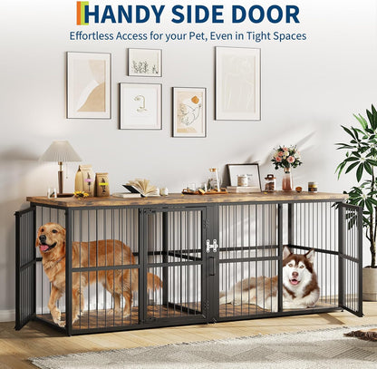 Extra Large Double Dog Crate Furniture with Divider – Heavy Duty Wooden Kennel Cage – Fits 2 Medium or Large Dogs – 3 Doors, Modern TV Stand, Indoor Pet House – Black