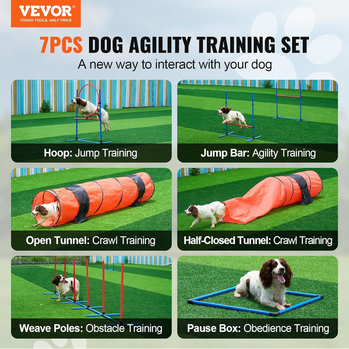 VEVOR Dog Agility Course Backyard Set, 13pcs Agility Training Equipment for Dogs, 2 Tunnels with Sandbags,Adjustable Hurdles,Weave Poles,Jump Ring,Pause Box, Puppy Obstacle Course Kit with Storage Bag