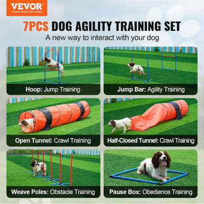 VEVOR Dog Agility Course Backyard Set, 13pcs Agility Training Equipment for Dogs, 2 Tunnels with Sandbags,Adjustable Hurdles,Weave Poles,Jump Ring,Pause Box, Puppy Obstacle Course Kit with Storage Bag