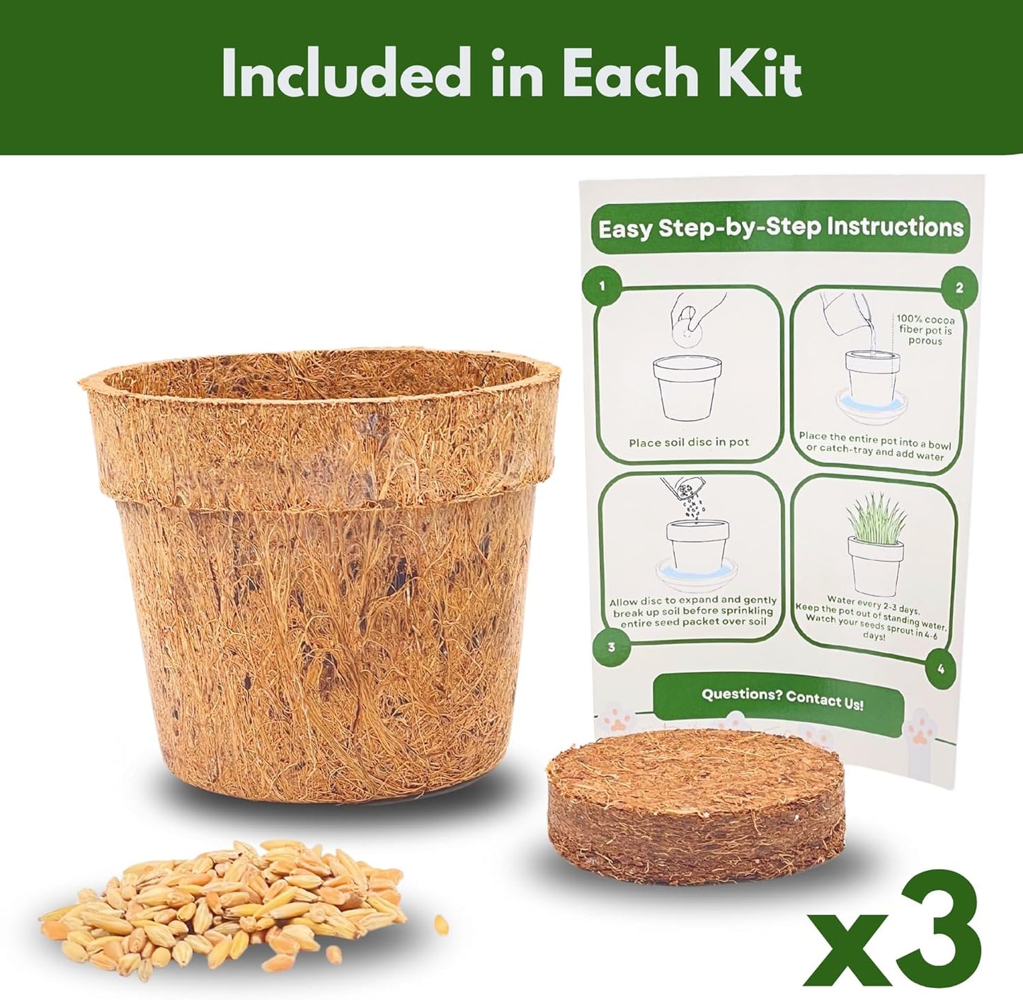 Cat Grass Kit for Indoor Cats - Organic Cat Grass Growing Kit (3 Pack) with Soil Discs, Coco Fiber Pots & Organic Seeds - Natural Hairball Control & Digestion Remedy