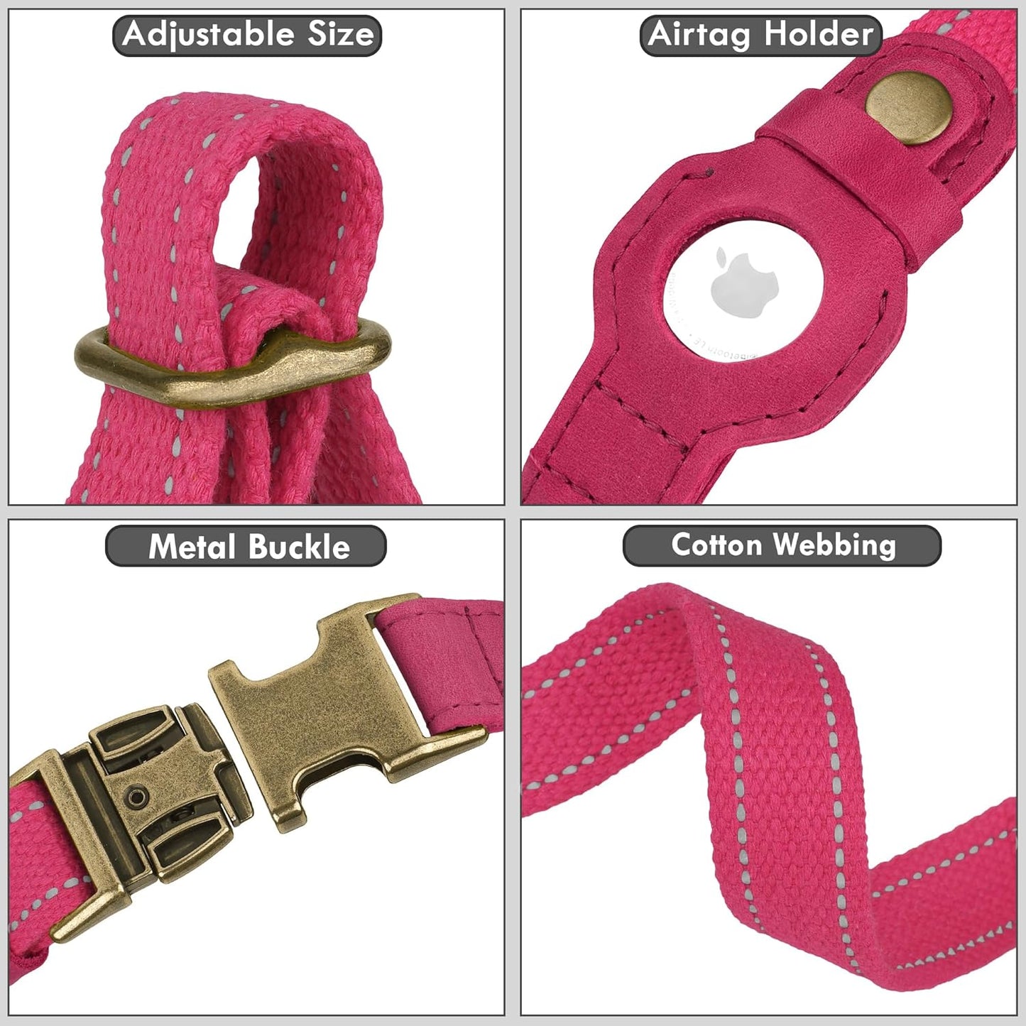 Reflective Leather Dog Collar with AirTag Holder - Soft Apple Airtag Dog Collar with Metal Buckle - Safety Cotton Pet Collars for Dogs Small Large Dogs Puppy (Pink, XS, 9"-12")