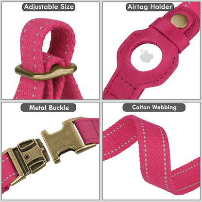 Reflective Leather Dog Collar with AirTag Holder - Soft Apple Airtag Dog Collar with Metal Buckle - Safety Cotton Pet Collars for Dogs Small Large Dogs Puppy (Pink, XS, 9"-12")