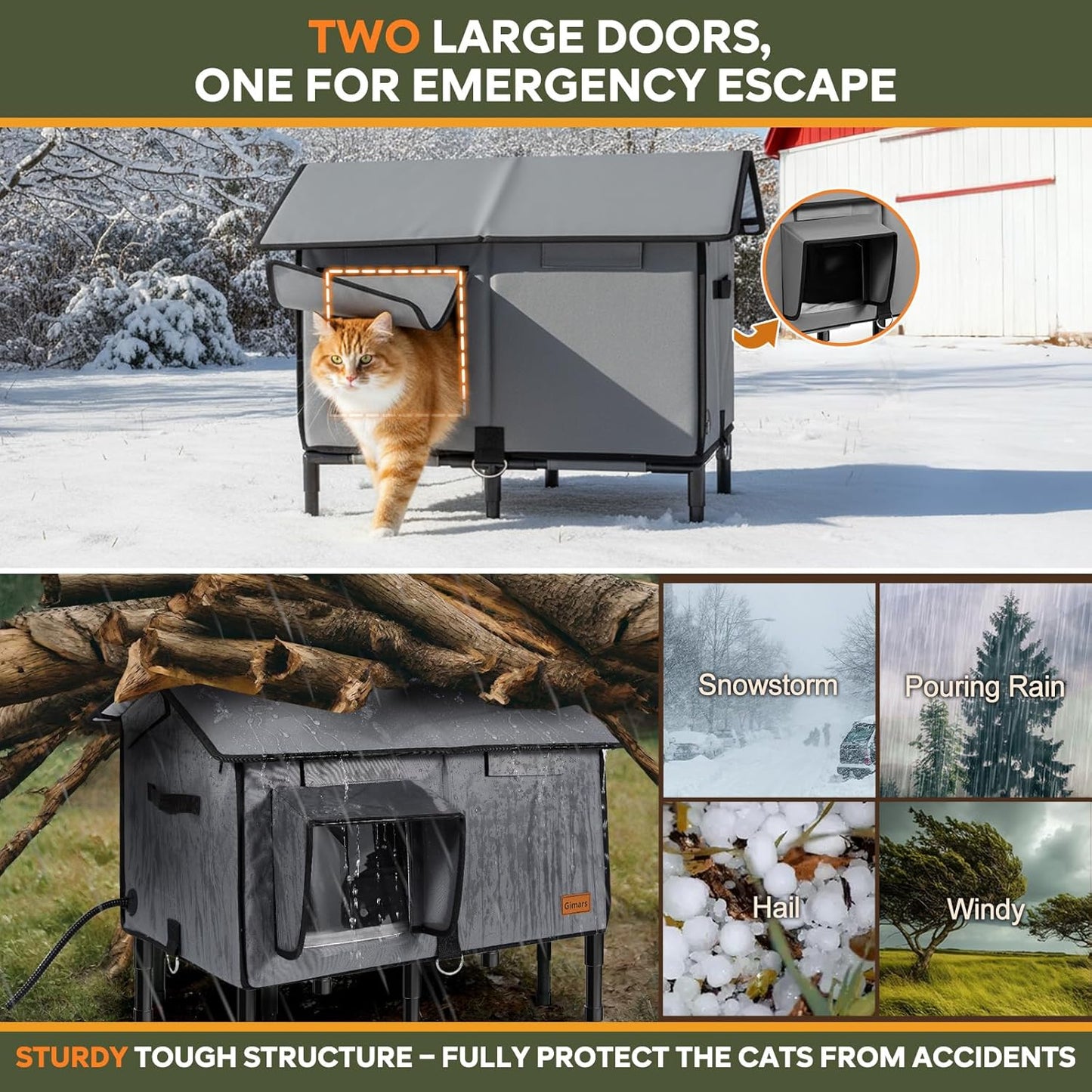 Gimars Upgraded Pitched Roof Indestructible Heated Cat House for Outdoor Cat with Safe Escape Door, 100% Weatherproof Winter Cat Shelter 5.1" Elevated Insulated Stray Feral Cat House with Soft Heater