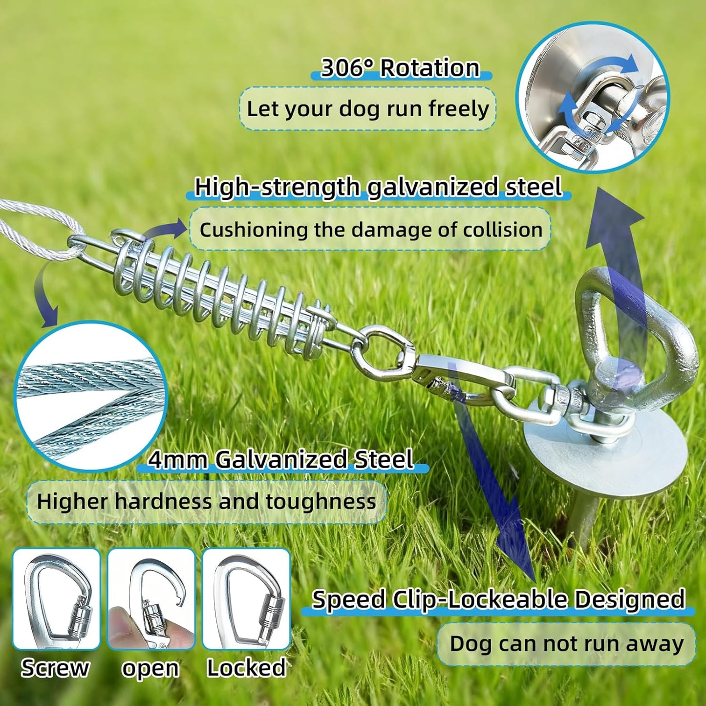 Heavy Duty Dog Tie-Out Cable and Stake for Yard Camping, with 50Ft Heavy Duty Cable with Spring, for Small Medium Large Dogs up to 200 lbs, 360°Swivel Dog Run- No Tangle, Spiral Dog Stake (Set)