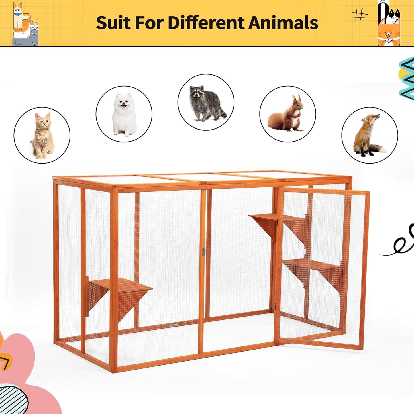 Catio Outdoor Cat Enclosure, 71" Large Weatherproof Catios with Cedar Wood Frame for cat Patio, Heavy Duty Outdoor Cat Condo & Cage, Indoor cattio for Cats (Orange-Red, Large)