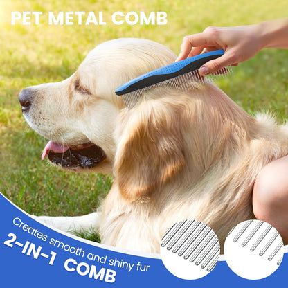 Double-Sided Pet Grooming Rake - 4-in-1 Professional Pet Grooming Kit, Deshedding Dematting Tool for Dogs, Cats, Extra-Wide Grooming Brush & Deshedder Comb for Long and Short Haired Pets (4PCS Blue)