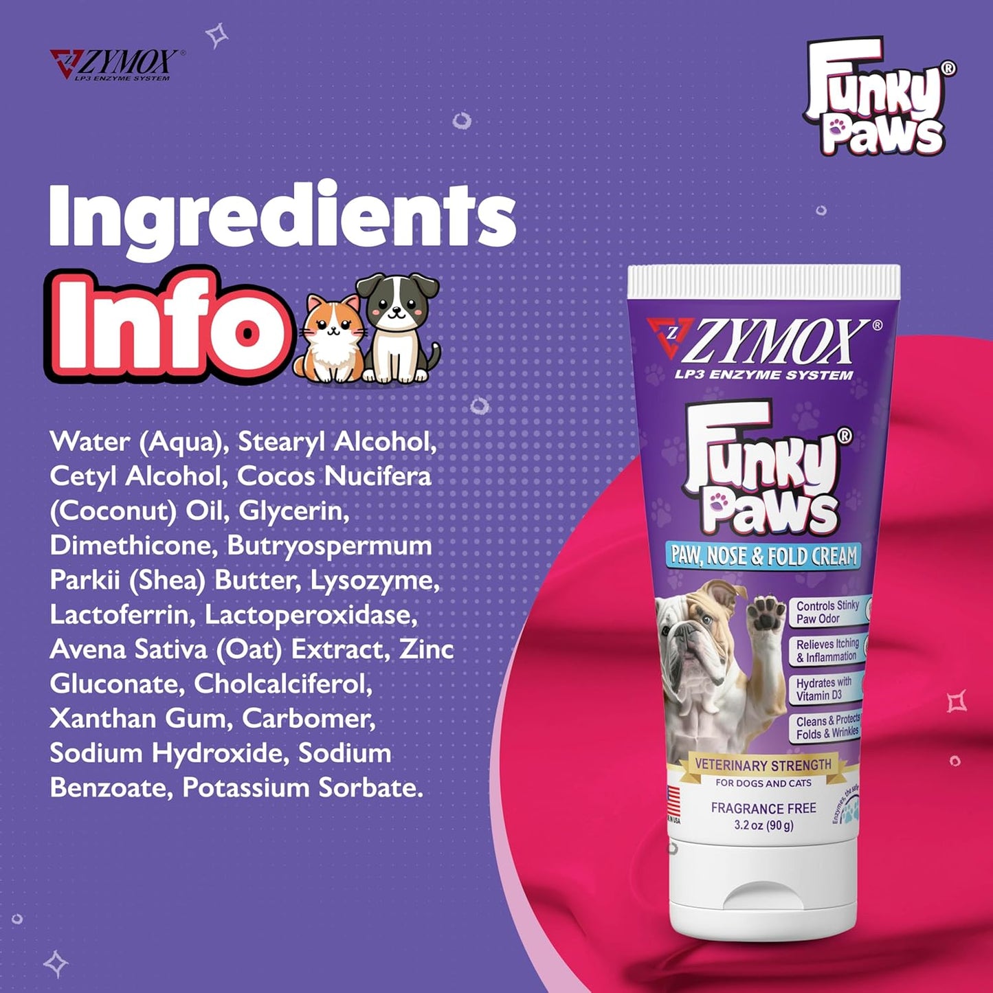 Zymox Funky Paws - Paw, Nose & Fold Cream for Dogs & Cats - Veterinary Strength - Reduces Corn Chip Feet Smell - Hydrates & Soothes The Skin - Relieves Itching & Irritation - Fragrance Free - 90g