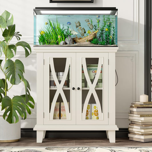 Merax 20 Gallon Fish Tank Stand with Power Outlets(4 AC 2 USB), Farmhouse Decorative Aquarium Stand Furniture with Adjustable Shelves, 10-20 Gallon Reptile Turtle Tank Stand with Cabinet Storage