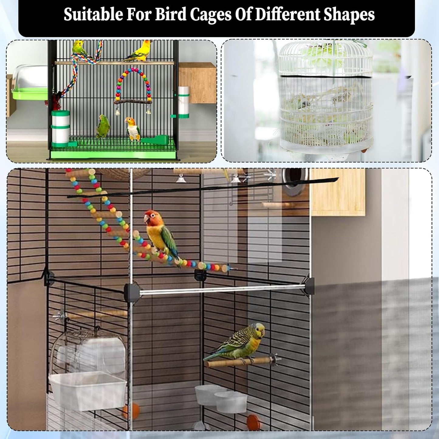 2PCS Adjustable Bird Cage Cover, Bird Cage Seed Catcher, Large Birdcage Cover, Airy Nylon Guard Net for Parrot Parakeet Macaw Round Square Cages (Black, White)