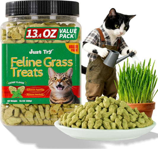 Just Try 13.4 OZ Cat Treats for Indoor Cats Hairball Control Natural Salmon Healthy Cat Grass Treats Kitten Snacks Training Biscuits Catnip for Cats Dental Care