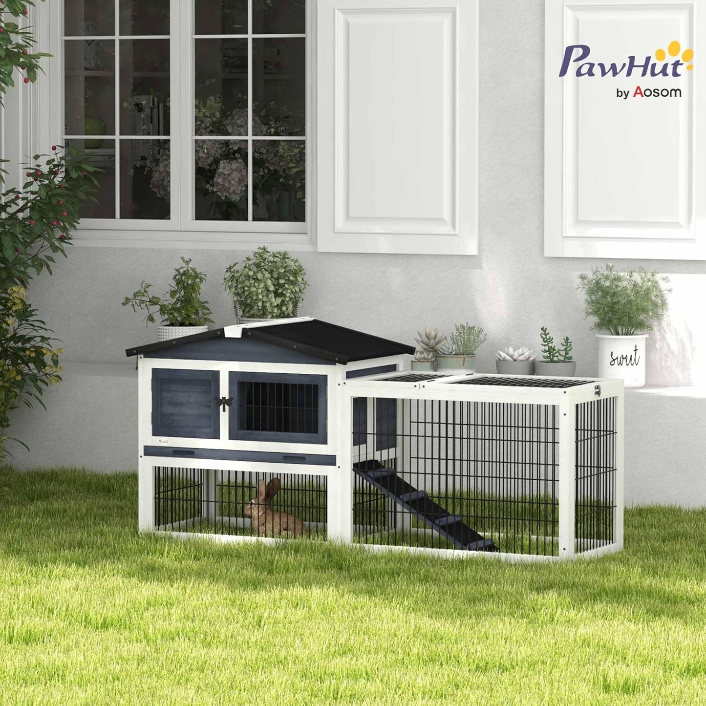 PawHut Rabbit Hutch Outdoor Indoor, 54" L Large Rabbit Cage with Waterproof Openable Roof, No-Leak Tray, Ramp, Run, for Bunnies, Guinea Pigs, Dark Gray