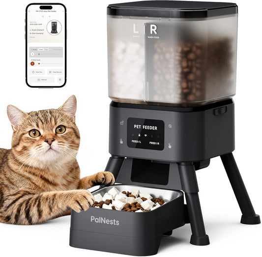 Dual Chamber Automatic Cat Feeder, 4L Smart WiFi Pet Food Dispenser with 2.4&5G WiFi App, Custom Schedule & Portion Control for Dry Food and Treats
