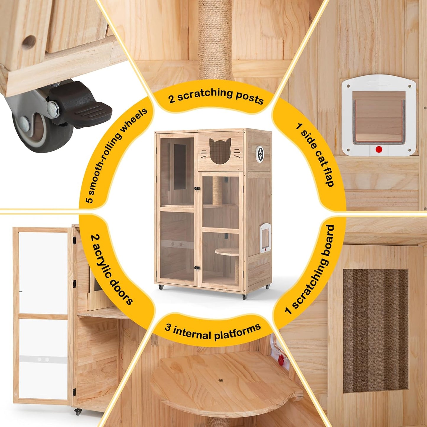 COZIWOW Large Wooden Cat House with Scratching Posts, Multi-Level Indoor Cat Enclosure with Acrylic Doors, Ventilation Holes, and Wheels (Natrual Wood)