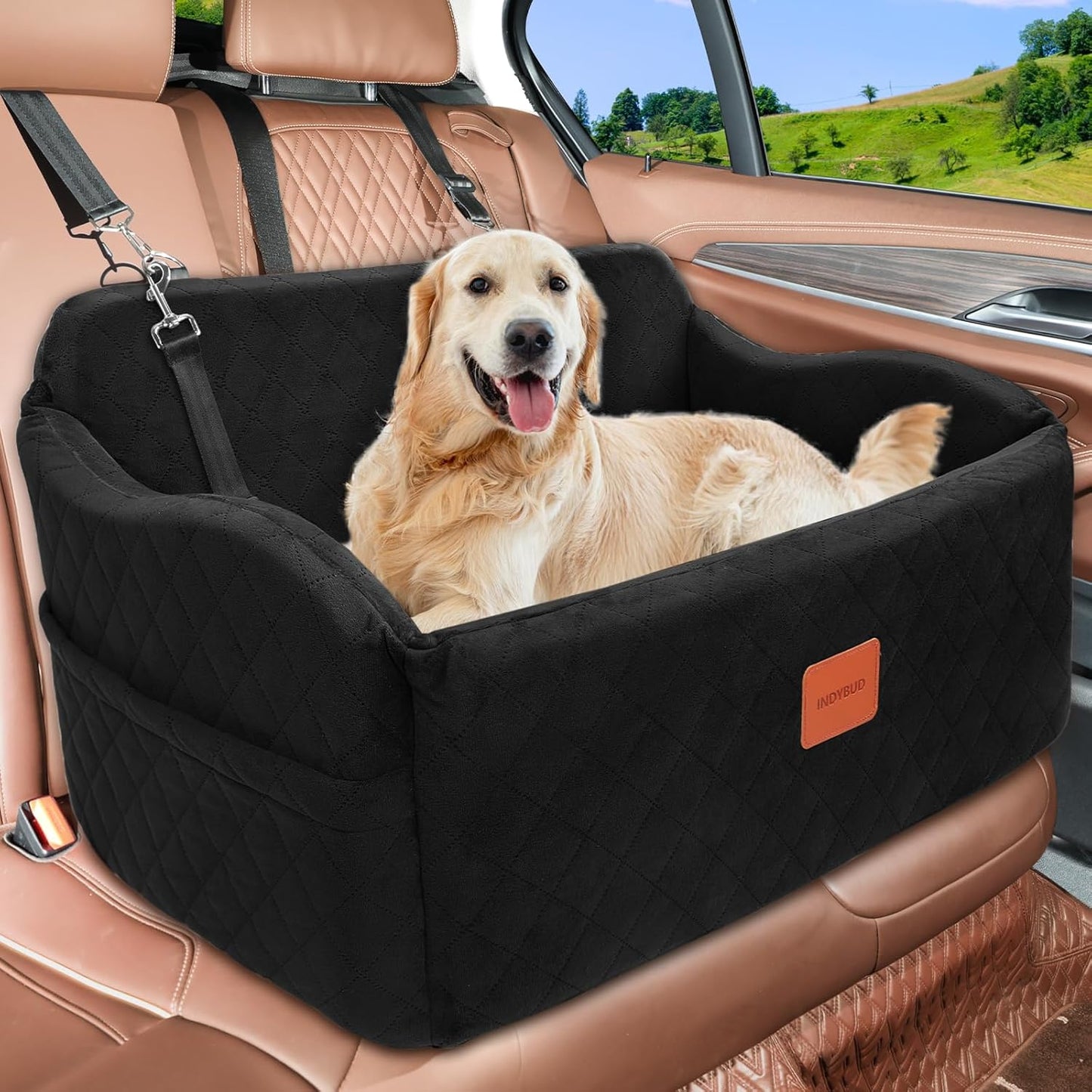 Dog Car Seat for Medium/Large Dogs, Memory Foam Pet Booster Seat for Under 55 lbs or 2 Small Dogs, Detachable Washable Dog Car Bed for Backseat with 2 Safety Leashes and Pockets(Black, Large)