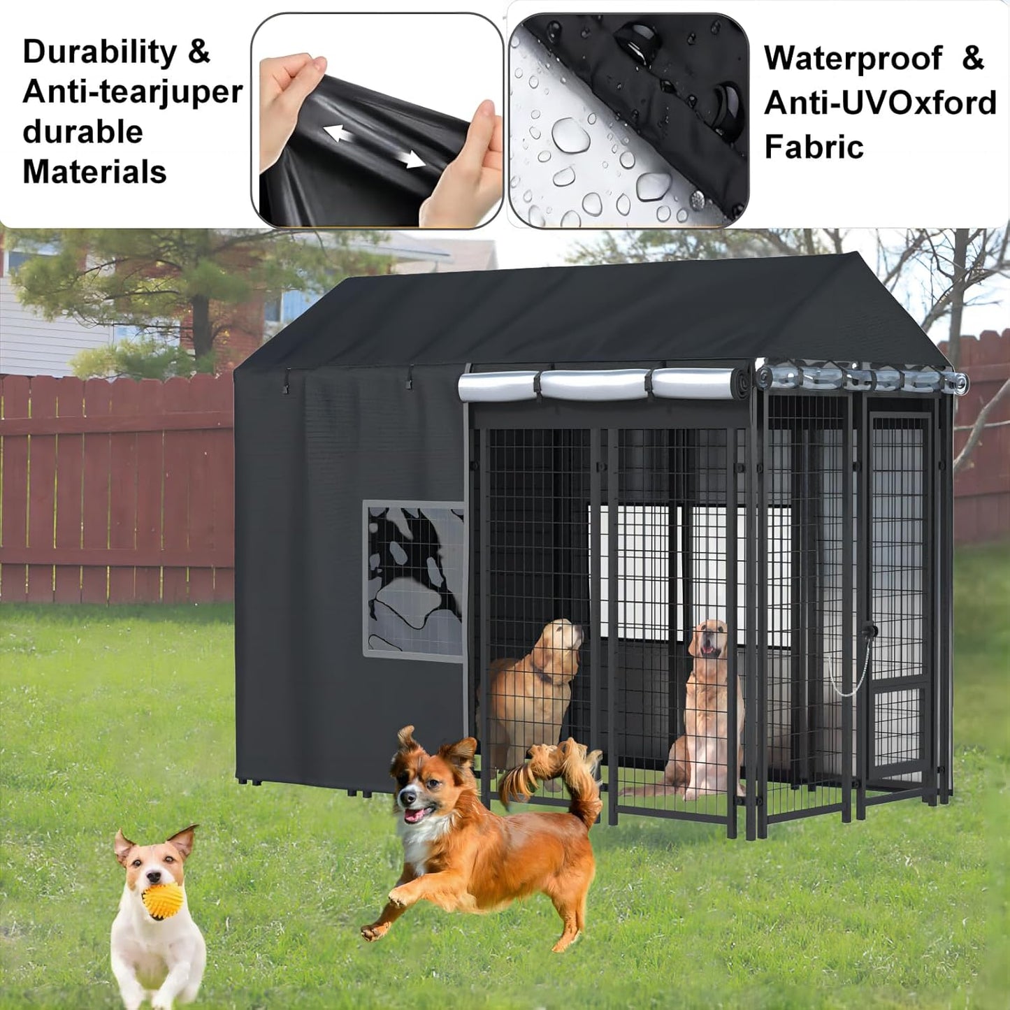 Outdoor Dog Kennel Cover - Full Coverage for 8'Dx4'Wx6'H Dog Cages, 600D Heavy Duty Waterproof Kennel Cover, Black