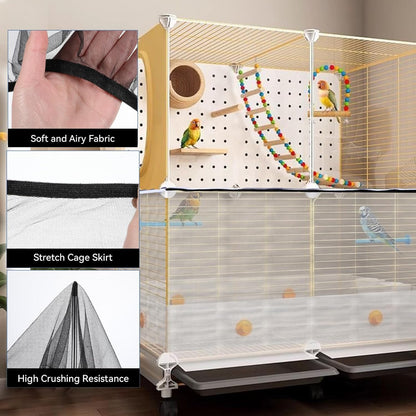 2PCS Adjustable Bird Cage Cover, Bird Cage Seed Catcher, Large Birdcage Cover, Airy Nylon Guard Net for Parrot Parakeet Macaw Round Square Cages (Black, White)