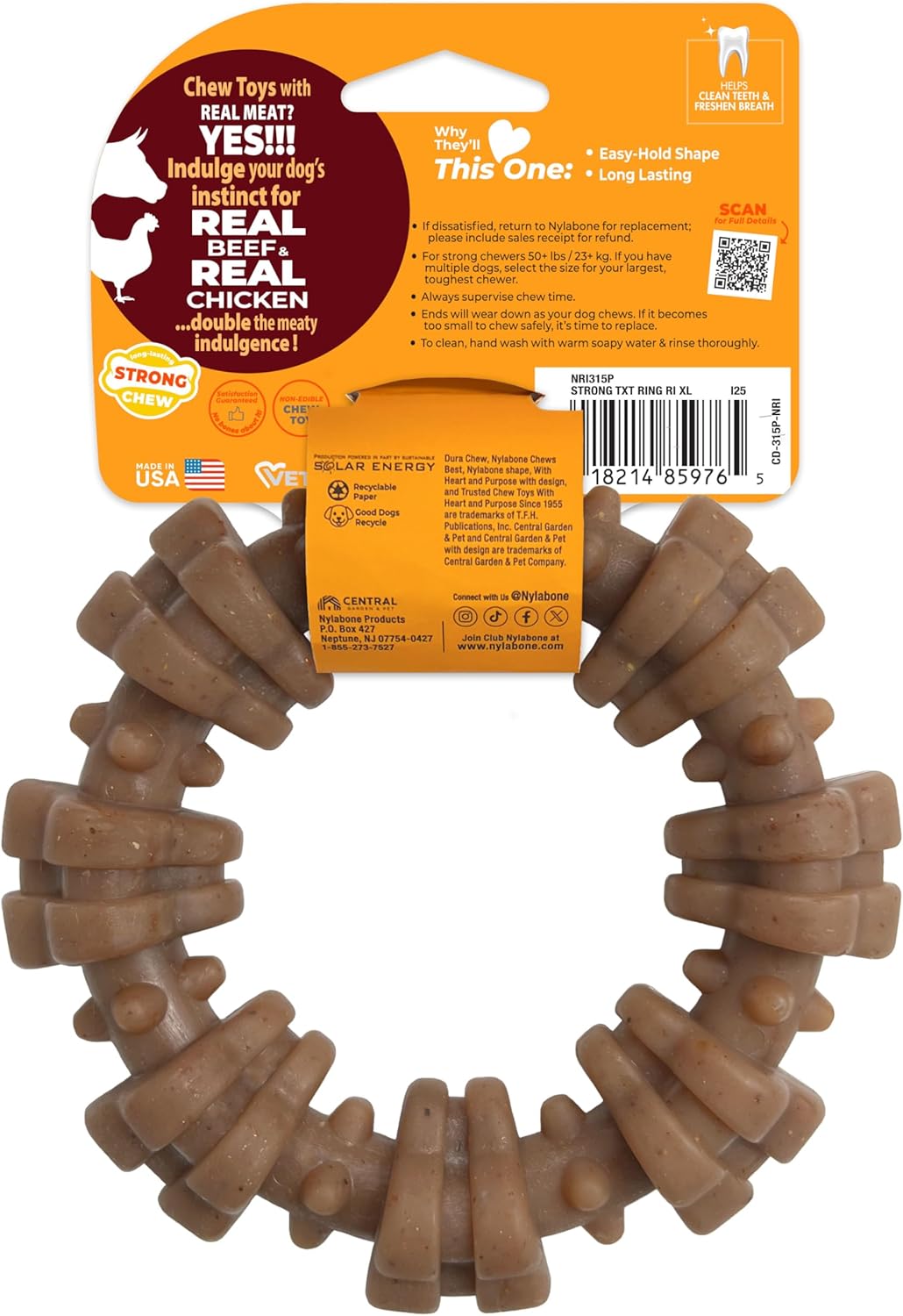 Nylabone Textured Ring Strong Chew Toy for Dogs Made with Real Beef & Chicken, Durable Dog Chew Bones for Aggressive Chewers, Keeps Dogs Busy, X-Large Dog Toys - 50+ lbs, 1 Count