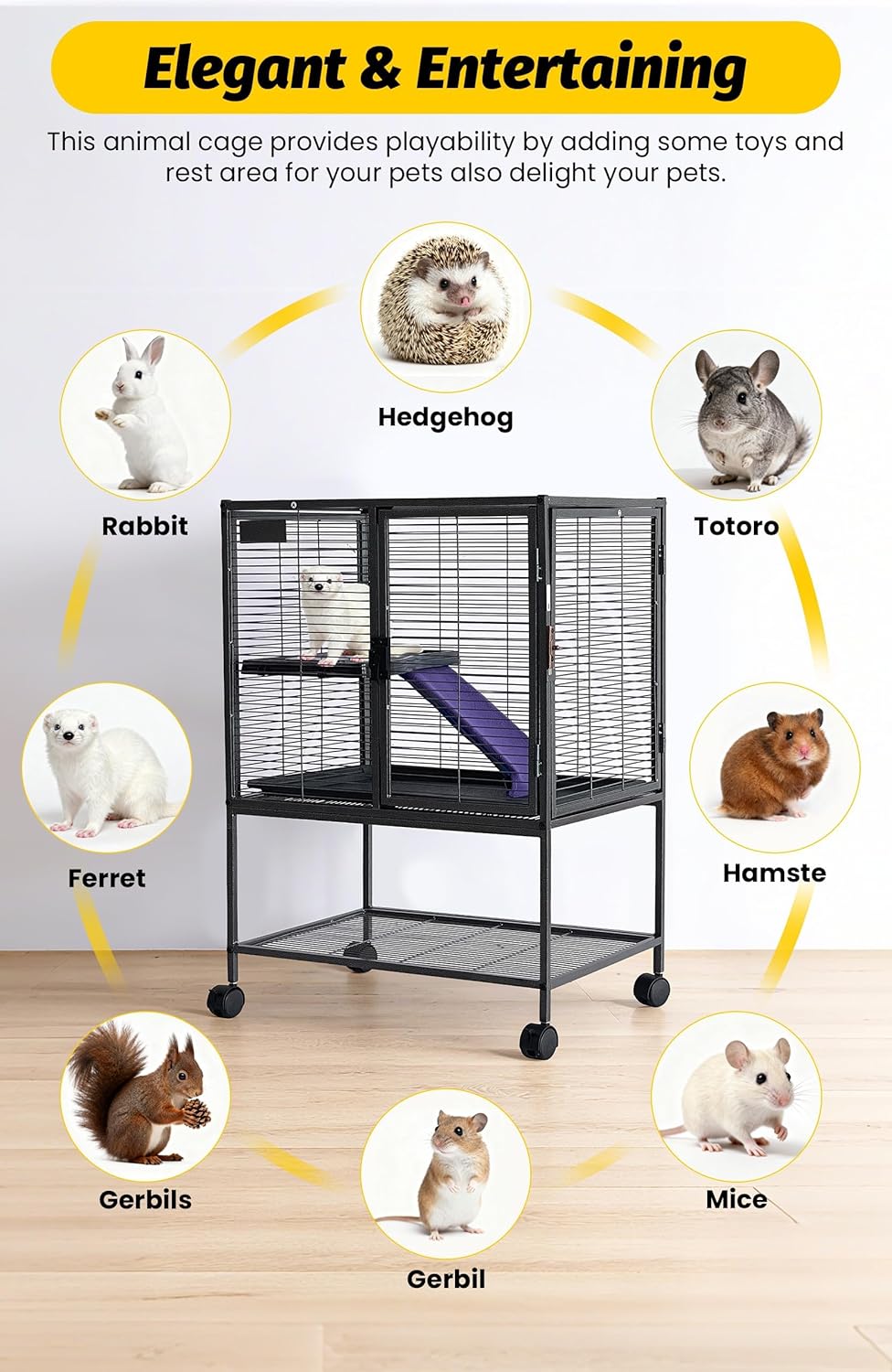 34 Inch High Small Animal Cage for Ferrets, Chinchillas, Hedgehogs - 4 Tier Large Hamster Cage with Removable Ramp, Comfortable Hammock, Extra Storage Stand, and Easy-to-Clean Removable Tray