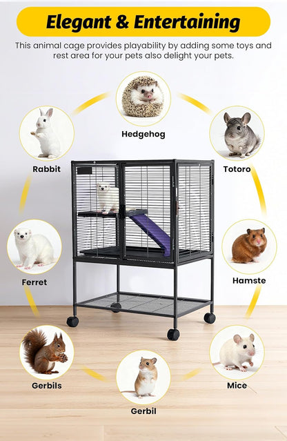 34 Inch High Small Animal Cage for Ferrets, Chinchillas, Hedgehogs - 4 Tier Large Hamster Cage with Removable Ramp, Comfortable Hammock, Extra Storage Stand, and Easy-to-Clean Removable Tray