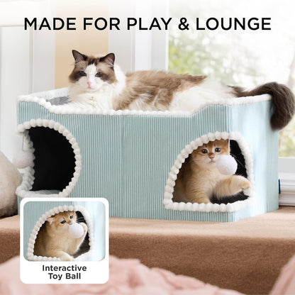 Bedsure Extra Wide Cat House 23.6x15.9x12.6inches, Blue with Bedsure Dog Blankets for Small Dogs Washable White, 25x35IN