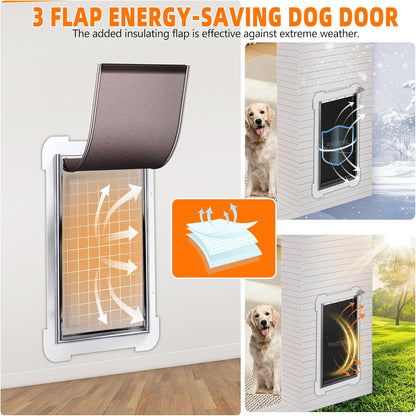 MIAOTONG 3-Flap Dog Door for Wall, Double Magnetic Flaps Pet Door for Wall, Aluminum Lock Doggy Door,Steel Frame and Telescoping Tunnel Dog Doors and Cat Doors(Pets Up to 40 Lb) -Medium