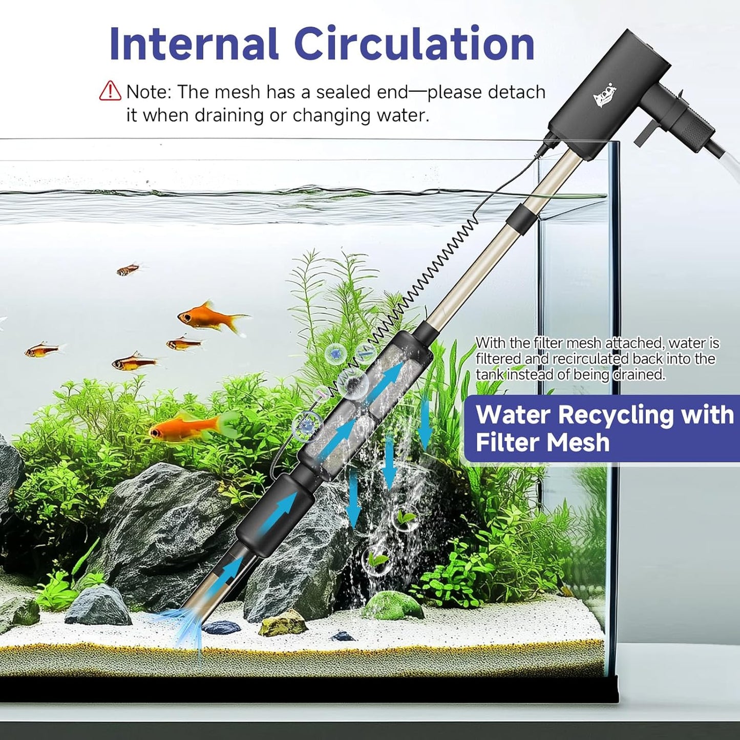 AQQA Electric Aquarium Vacuum Gravel Cleaner - 8W/213GPH Rechargeable Fish Tank Cleaning Tools Automatic Water Changer Pump with Debris Clean & Sand Washing, 4-Speed Adjustable Powerful Suction