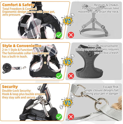 KOOLTAIL Small Dog Harness and Leash Set, Step in No Pull Soft Mesh Padded Pet Vest Harness Collar for Small Size Dogs Cats Boy Girl, Breathable & Lightweight Plaid Puppy Harness, Beige S