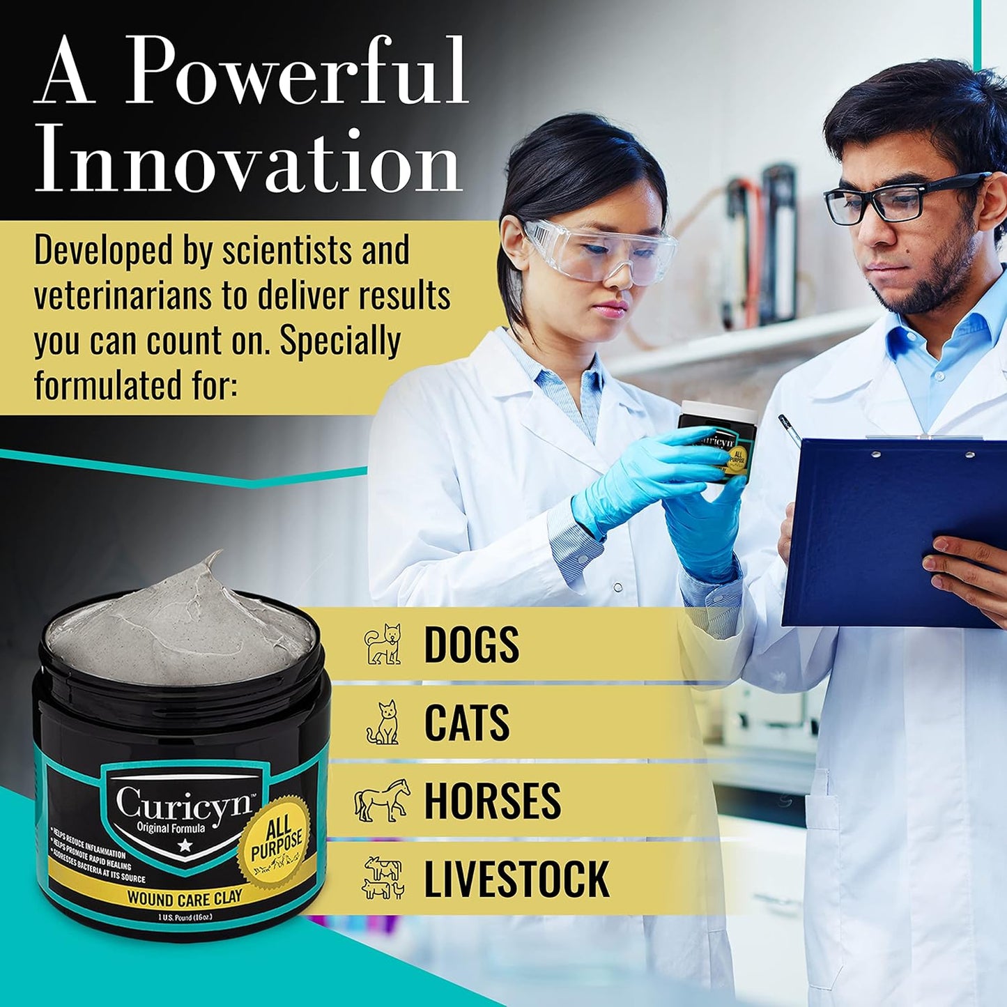 Curicyn Animal Wound Care Clay 16oz. - Vet-Approved Natural Skin Ointment For Dog, Cat, Horse, and Other Livestock - Bentonite Clay with Aloe Treatment - Gentle No Sting Fast-Acting Formula