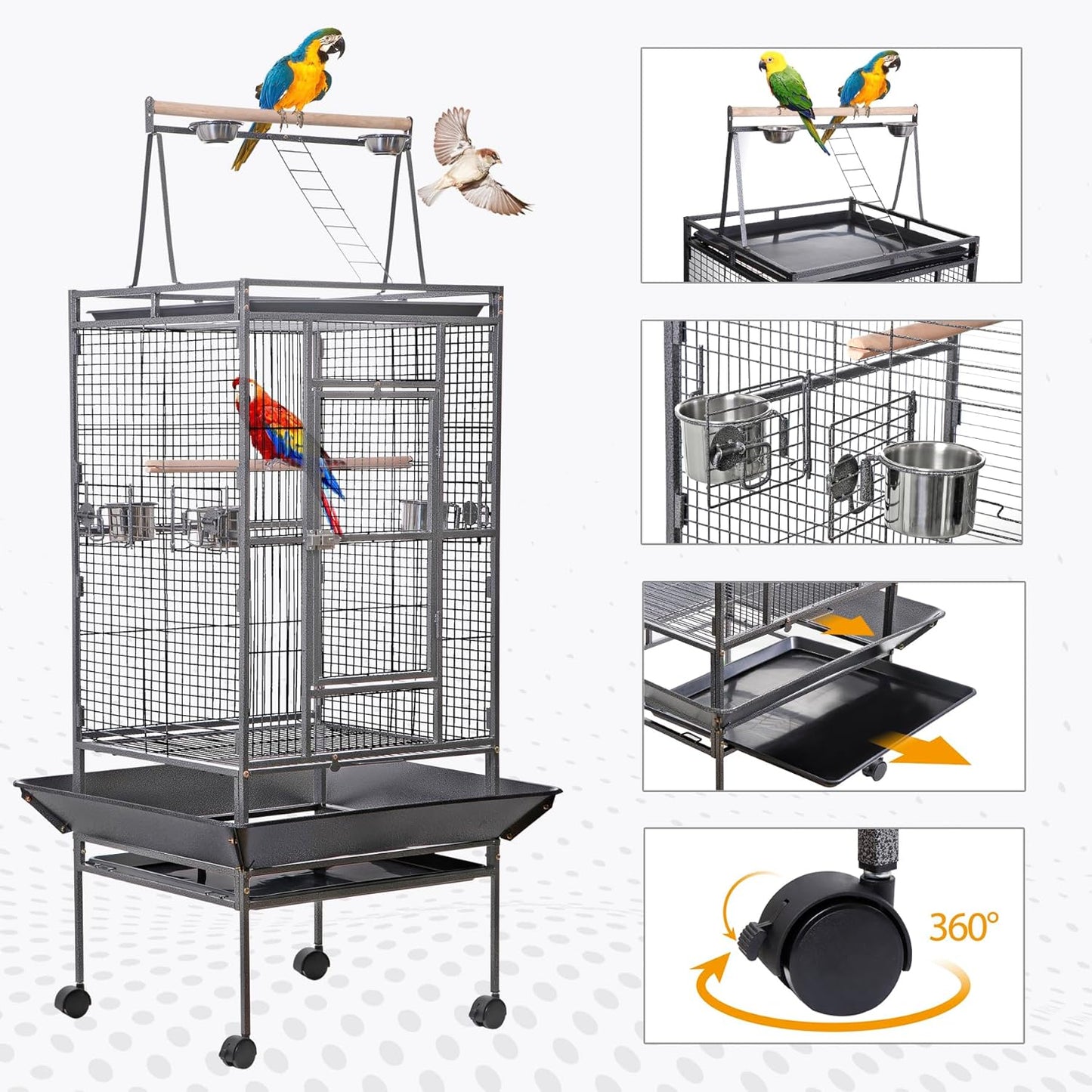 HSM 68 Inch Wrought Iron Large Bird Flight Cage with Rolling Stand for African Grey Parrot Cockatiel Sun Parakeet Conure Lovebird