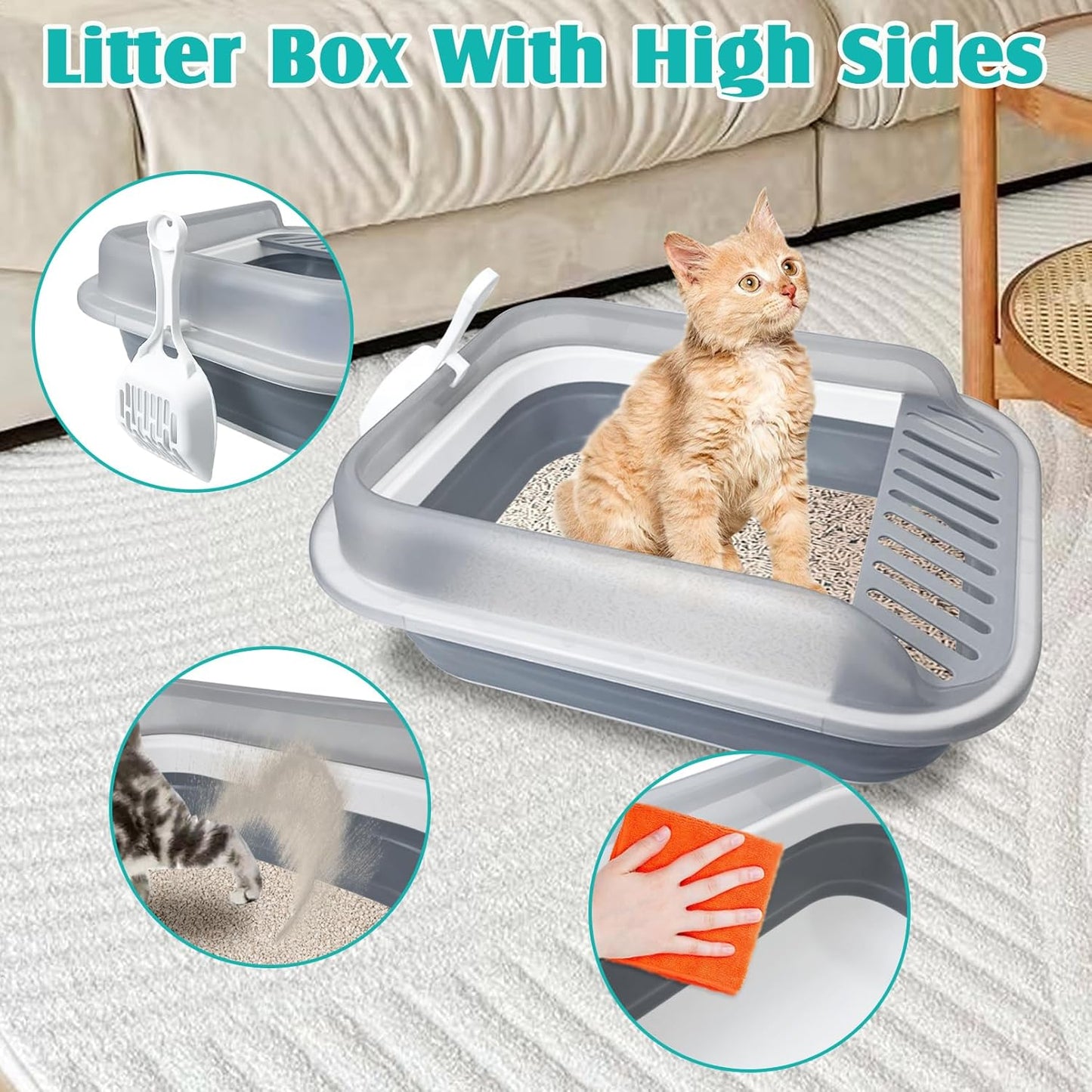 VCEPJH Collapsible Litterbox with High Sides Small Cats Litter Pan with Scoop Open Cat Litter Box Portable Travel Kittens Toilet Kitten Starter Kit for Kittens Adult and Elderly Cats (Grey)