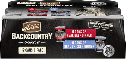 Merrick Backcountry Grain Free Premium Canned Dog Food, Variety Pack, Real Beef and Chicken Dinner Recipes - (Pack of 12) 9.5 lb. Cans