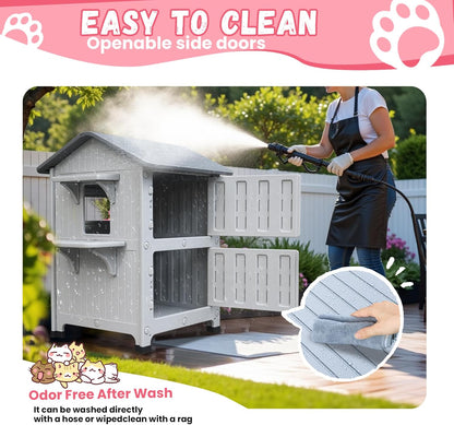 Plastic Outdoor Cat House with Escape Door, Waterproof 2 Story Outdoor Houses for Feral Cats Outside Cat Shelter, Spacious, Clean and Assemble Easily