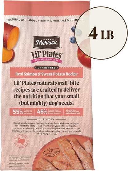 Merrick Lil’ Plates Premium Grain Free Dry Dog Food for Small Dogs, Real Salmon and Sweet Potato Kibble - 4.0 lb. Bag