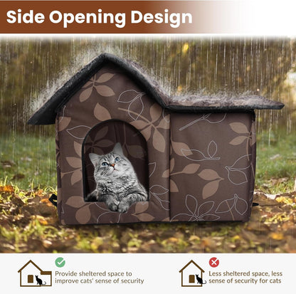 Cat House for Outdoor Cats, Outdoor Cat House Weatherproof for Stray Cat Shelter with Mat, Door and Edging Nails, Collapsible, Easy to Assemble (Brown)