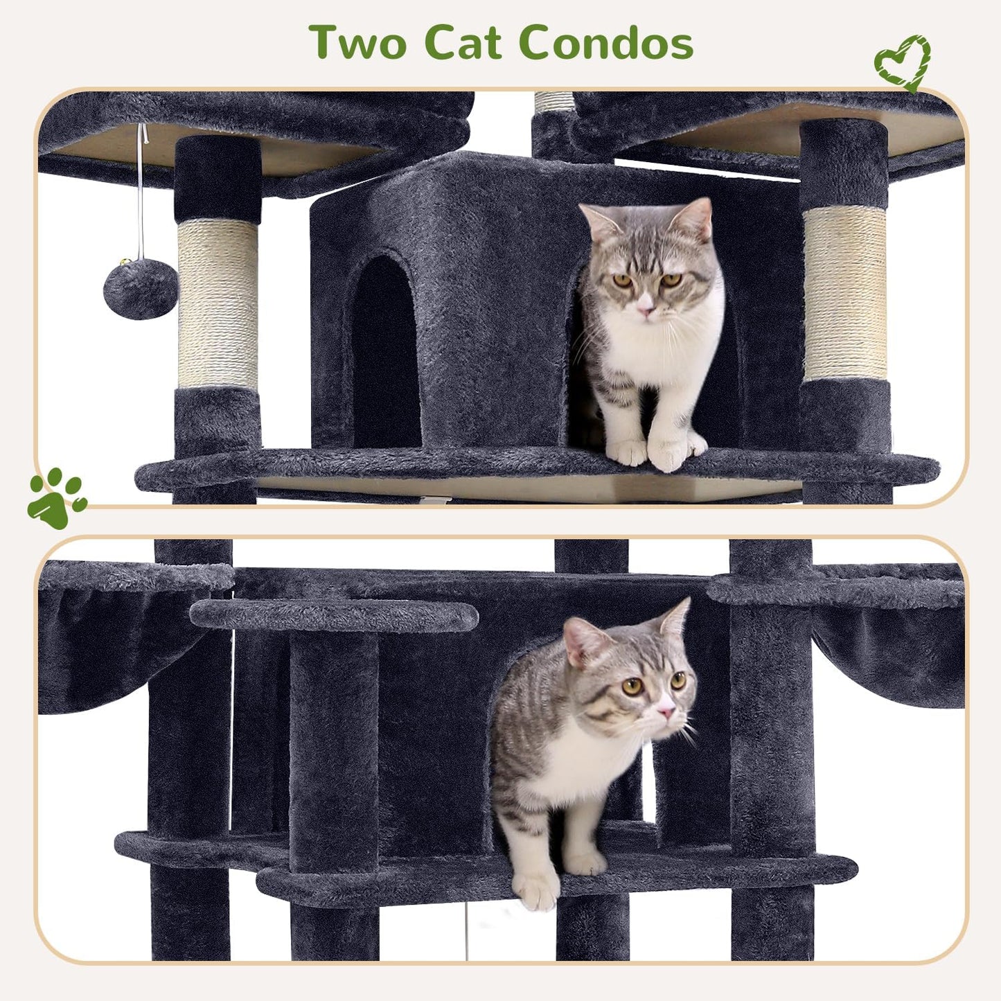 Globlazer Big Cat Tower for Indoor Cats, 80inch Cat Tower for Multiple Adult Cats XXL Cat Tree with Scratching Post, Hammock, 3 Perches, 2 Condos, 2 Hanging Basket, F80, Dark Grey