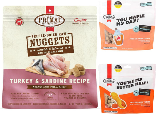Primal Freeze Dried Dog Bundle, Turkey & Sardine Food Nuggets 14oz, Pork & Maple Treats 2oz, Chicken & Peanut Butter Treats 2oz, Grain Free, High Protein, High Protein with Probiotics