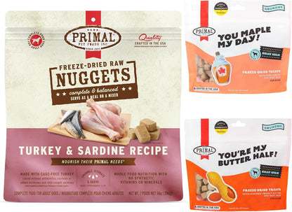 Primal Freeze Dried Dog Bundle, Turkey & Sardine Food Nuggets 14oz, Pork & Maple Treats 2oz, Chicken & Peanut Butter Treats 2oz, Grain Free, High Protein, High Protein with Probiotics