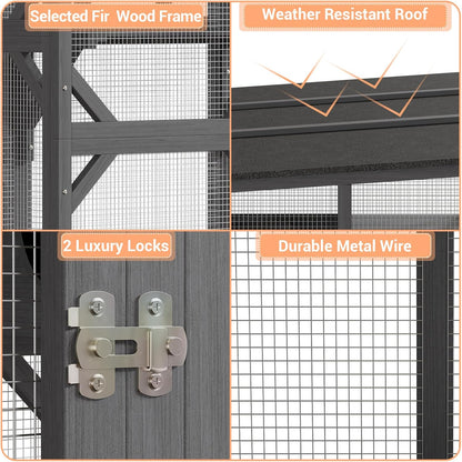 Large Outdoor Cat Enclosure, 70 Inch Window Access Catio for Cats Outdoor Patio with Waterproof Asphalt Roof, 4 Platforms, 2 Resting Box and Bridge Grey