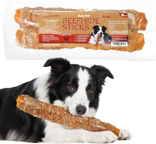 Just Try 2 Pack 10.6" Chicken Wrapped Rawhide Chew Sticks for Dogs - Long Lasting Dog Chews, Healthy Dog Bones Dental Treats for Medium Dogs