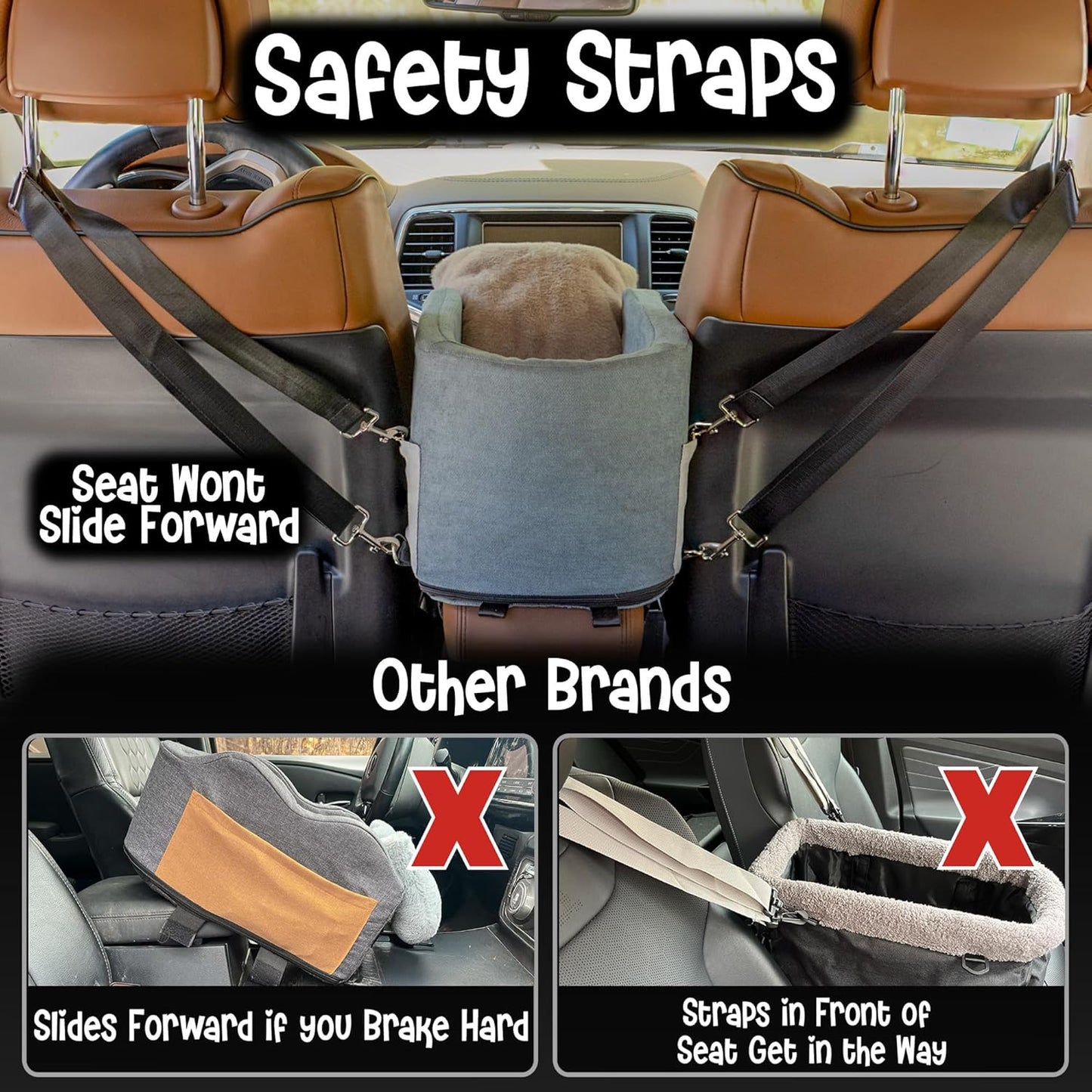 Center Console Dog Car Seat | 11 lbs MAX | Safety Straps & Leash | Comfortable Foam and Plush Pillows | Adjustable Mount Design | Large Storage Pockets | Perfect for Small Pets & Cats (Grey)