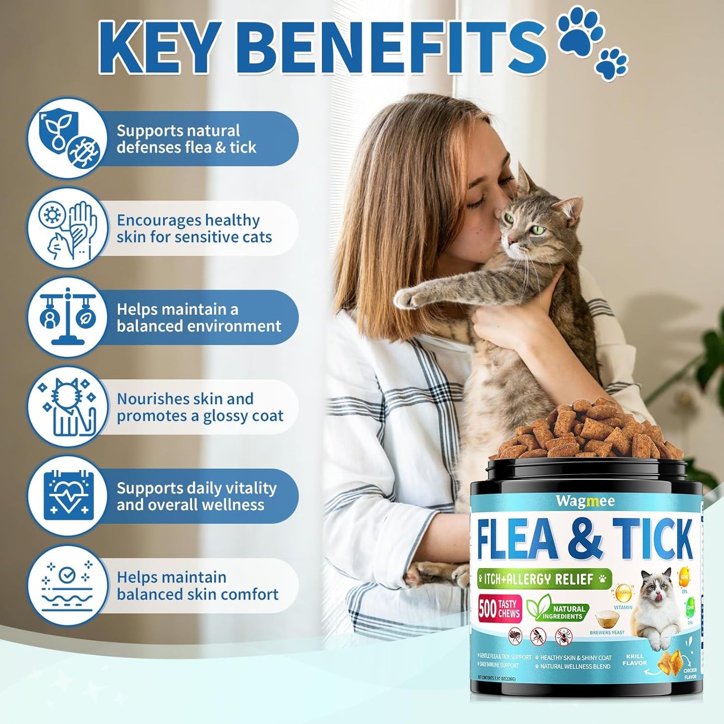 Natural Cat Flea Treatment Chewables – 500 Crunchy & Creamy Tasty Chews, Flea and Tick Prevention for Cats with Skin & Coat Support, Oral Flea & Tick Supplement & Allergy Relief for Cats, Chicken