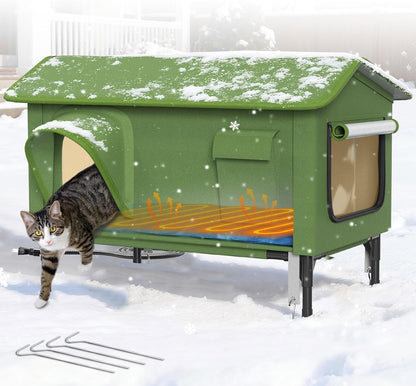 Heated Cat House for Outside - 32" Insulated Cat House Outdoor Weatherproof, Winter Outdoor Cat Shelter with Waterproof Eaves & Escape Door, Elevated Cat Shelter for Feral Stray Cat Kitty, XL